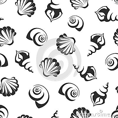 Vector seamless black and white pattern with sea shells. Vector Illustration