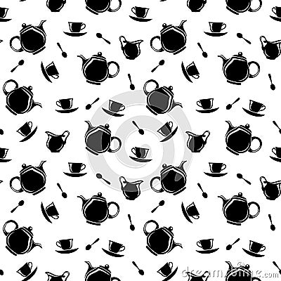 Seamless black and white pattern with teapots and cups. Vector illustration. Vector Illustration