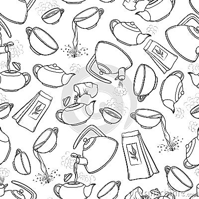 Vector seamless black and white pattern sketch illustration tea brew procedure icons. Tea making instruction. Guidelines Vector Illustration