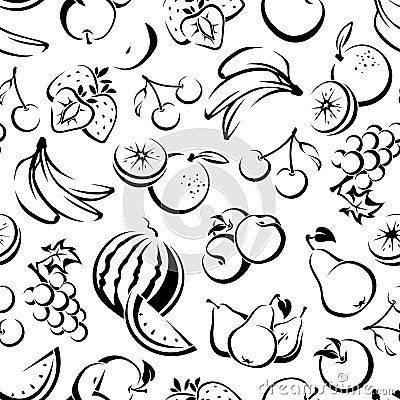 Seamless pattern with various fruit. Vector black and white contour drawing. Vector Illustration