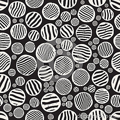 Vector Seamless Black And White Stripes Circles Jumble Hand Painted Grungy Pattern Vector Illustration