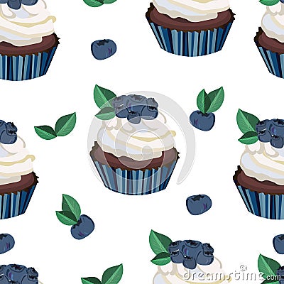 Vector seamless blueberry cupcake, cake, muffin pattern,print,wallpaper on the transparent background. Vector Illustration