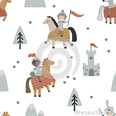 vector seamless boho pattern with cute knights Vector Illustration