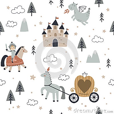 vector seamless boho pattern with cute knights Vector Illustration