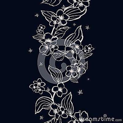 Vector seamless border with blooming jasmine branches for romantic design. Vector Illustration