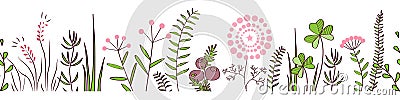 Vector seamless border with forest and meadow plants. Background for frames, decorative scotch tape, posters, kids Vector Illustration