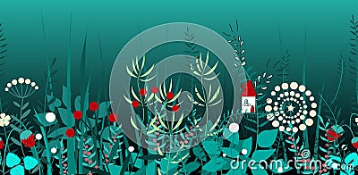 Vector seamless border with forest plants, and fairy house. Background for frames, decorative scotch tape, books, kids Vector Illustration