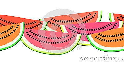 Vector seamless border pattern with watermelon slices. Colorful hand-drawn repeatable horizontal background. Summer Vector Illustration