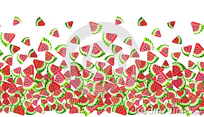 Vector seamless border pattern with watermelon slices. Colorful hand-drawn repeatable horizontal background. Summer Vector Illustration