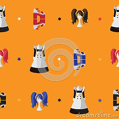 Vector seamless bright pattern with japanese fashion flat objects. Maid dress, wig on mannequin, shoes on high platform, used in l Stock Photo