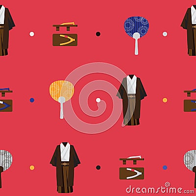 Vector seamless bright pattern with japanese fashion flat objects. Man kimono, wooden traditional geta, round fan utiva on red bac Stock Photo