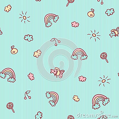 Vector seamless cartoon pattern. Fish, fruits, candies, clouds, sun and rainbow. Gentle turquoise background for kids. Vector Illustration