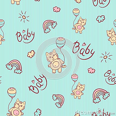 Vector seamless cartoon pattern. Little kitten with balloons, clouds, sun and rainbow. Gentle turquoise background for Vector Illustration