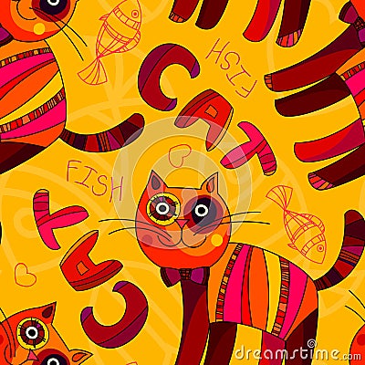 Vector seamless cat and fish pattern in yellow, orange and pink Vector Illustration