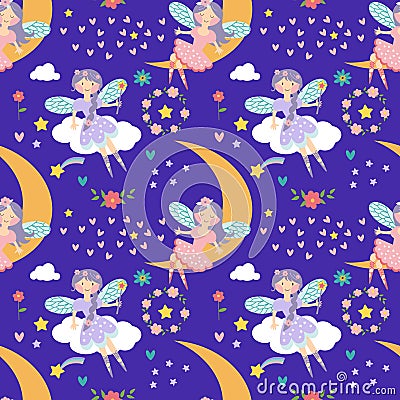 Vector seamless childish pattern with fairy, stars, moon and other elements. Fairy with a magic wand vector illustration Vector Illustration