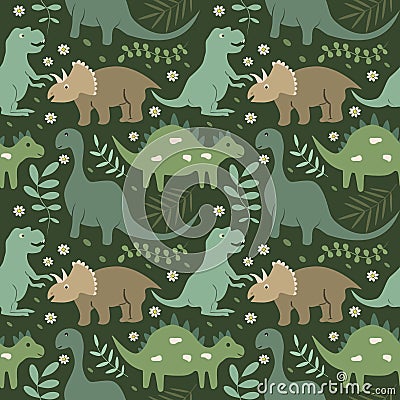 Vector seamless childrens pattern with hand drawn various dinosaurs and tropical plants in green Vector Illustration