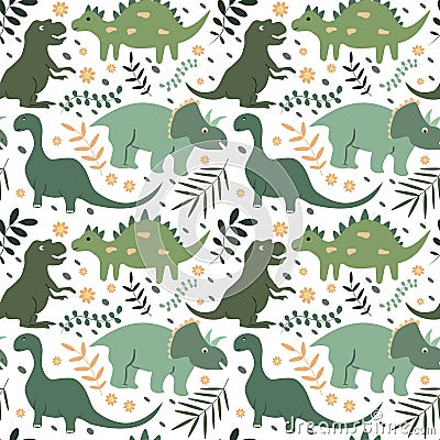 Vector seamless childrens pattern with hand drawn various dinosaurs and tropical plants in green colors. Vector Illustration