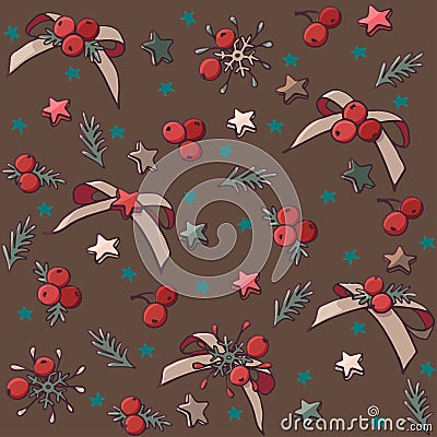 Vector seamless Christmas pattern with bows, stars and berries. Vector Illustration