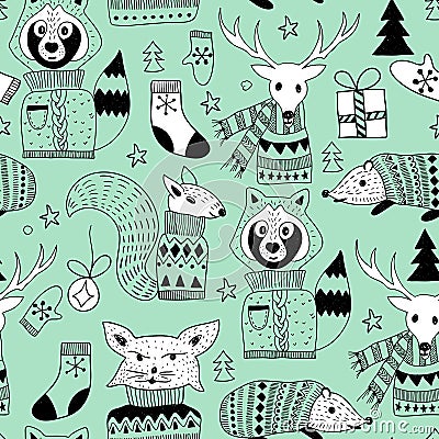 Vector Seamless Christmas Pattern with Doodle Animals in the Woo Vector Illustration