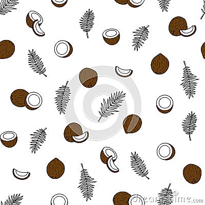 vector seamless coconut pattern, with a whole coconut and a half, on a white background, black and white. Simple Vector Illustration