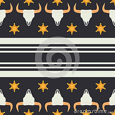 Vector seamless color pattern with simplified buffalo skull, sheriff star and stripes. Wild west cowboy symbolic textile Vector Illustration