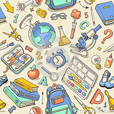 Vector seamless color pattern of sketchy school supplies. Vector Illustration