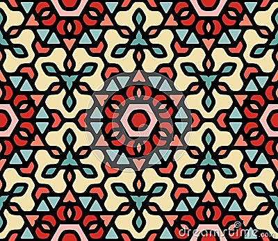 Vector Seamless Colorful Blue Red White Rounded Floral Oriental Hexagonal Mandala Pattern Stock Photo