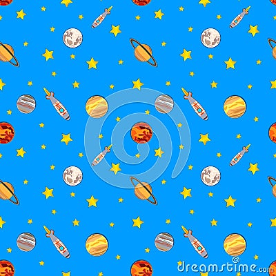 Vector Seamless Colorful Cosmos Pattern, Spaceships, Stars and Planets. Stock Photo