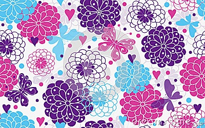 Vector seamless colorful floral valentines pattern with flowers, hearts and butterflies i Vector Illustration