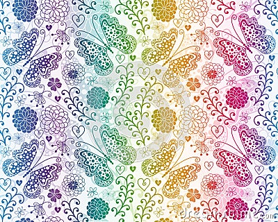 Vector seamless colorful floral valentines pattern with hearts and butterflies in doodle style Vector Illustration