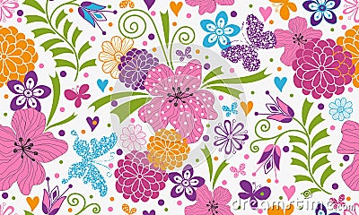Vector seamless colorful floral valentines pattern with hearts and butterflies in doodle style Vector Illustration