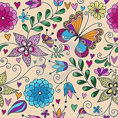 Vector seamless colorful floral valentines pattern with hearts and dotty butterflies Vector Illustration