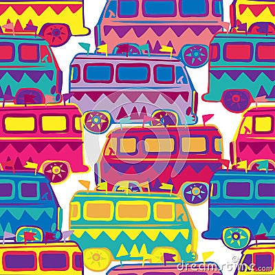 Vector seamless colorful pattern ornamental buses with flags on white background Vector Illustration