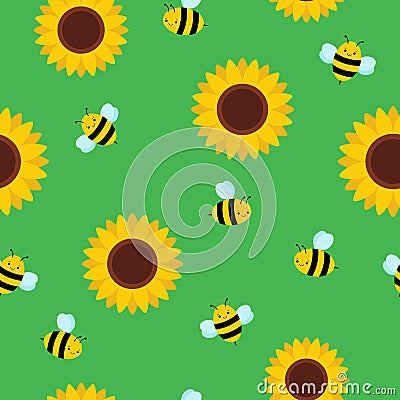 Vector seamless cute pattern bees and sunflowers on green background Vector Illustration
