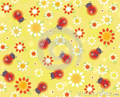 Vector seamless cute pattern ladybugs and flora. Vector Illustration