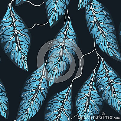 Seamless dark blue with veins leafy floral pattern. Vector Illustration