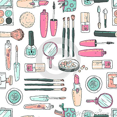 Vector seamless doodle pattern with cosmetic tools. Pastel color Vector Illustration