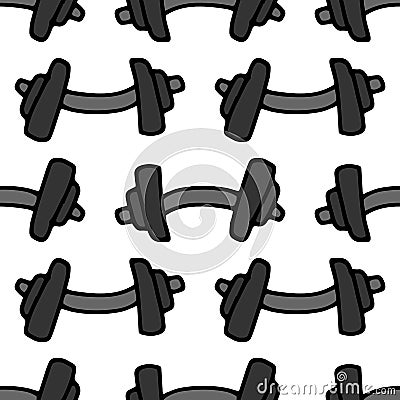 Vector seamless dumbbell pattern, drawn in a doodle style in gray with a black outline, a curved dumbbell is geometrically Vector Illustration