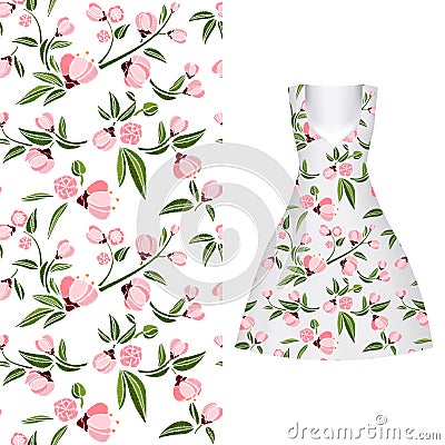 Vector seamless embroidery, floral pattern of leaves and rose on classic women`s dress mockup. Vector illustration. Hand-drawn or Cartoon Illustration