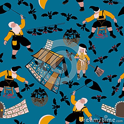 Vector seamless EPS 10 pattern for Halloween - Dwarfs catch bats with a butterfly-net made of a dwarf cap and decorate them with r Vector Illustration