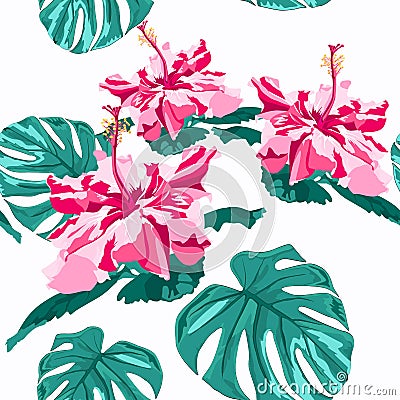 Vector seamless fashionable graphical free hand drawing hibiscus flowers with palm tree monstera leaves print on mint background. Cartoon Illustration