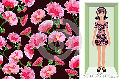 Vector seamless floral pattern with asters for fabric, wrapping, scarf, hijab. Cartoon brunette doll in a cardboard box in a dress Vector Illustration