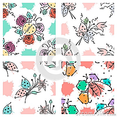 Vector seamless floral pattern with butterfly, apis, ladubug, splash, blots, drop Hand drawn contour lines and strokes Doodle sket Vector Illustration