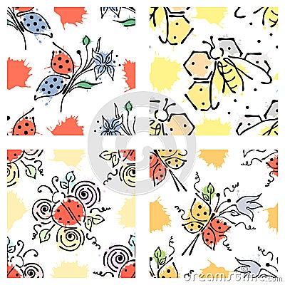 Vector seamless floral pattern with butterfly, apis, ladubug, splash, blots, drop Hand drawn contour lines and strokes Doodle sket Vector Illustration