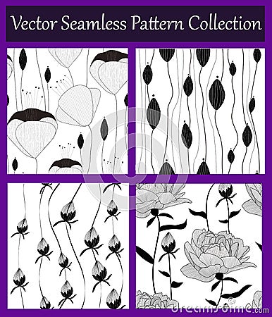 Vector seamless floral pattern collection,set. Hand drawn monochrome flowers and buds. Botanical design. Vector Illustration