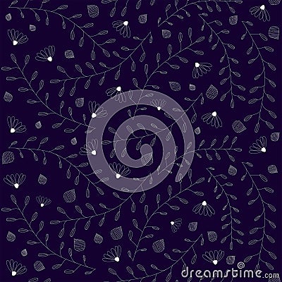 Vector seamless floral pattern on the dark blue, violet background. Flowers, branches, leaves, small elements texture, background Vector Illustration