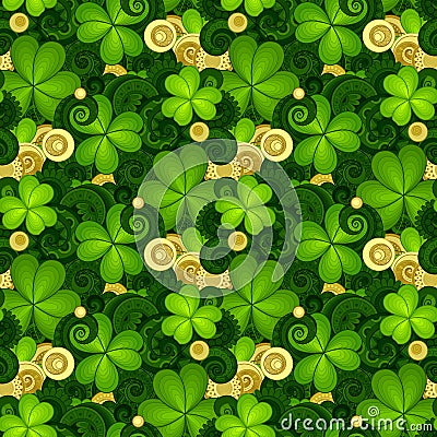 Vector Seamless Floral Pattern with Decorative Clover and Gold Coins Vector Illustration