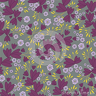 Vector seamless floral pattern on gray background. Leaves and flowers pattern Vector Illustration