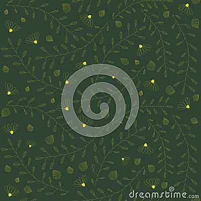 Vector seamless floral pattern on the green background. Flowers, branches, leaves, small elements texture Vector Illustration