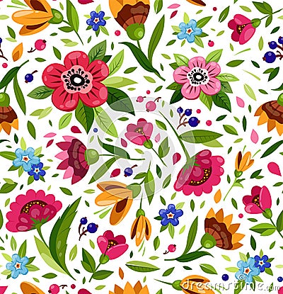 Vector seamless flower pattern. Cute floral pattern with colorful flowers, berry, leaves. Bright, warm summer pattern. Vector Illustration